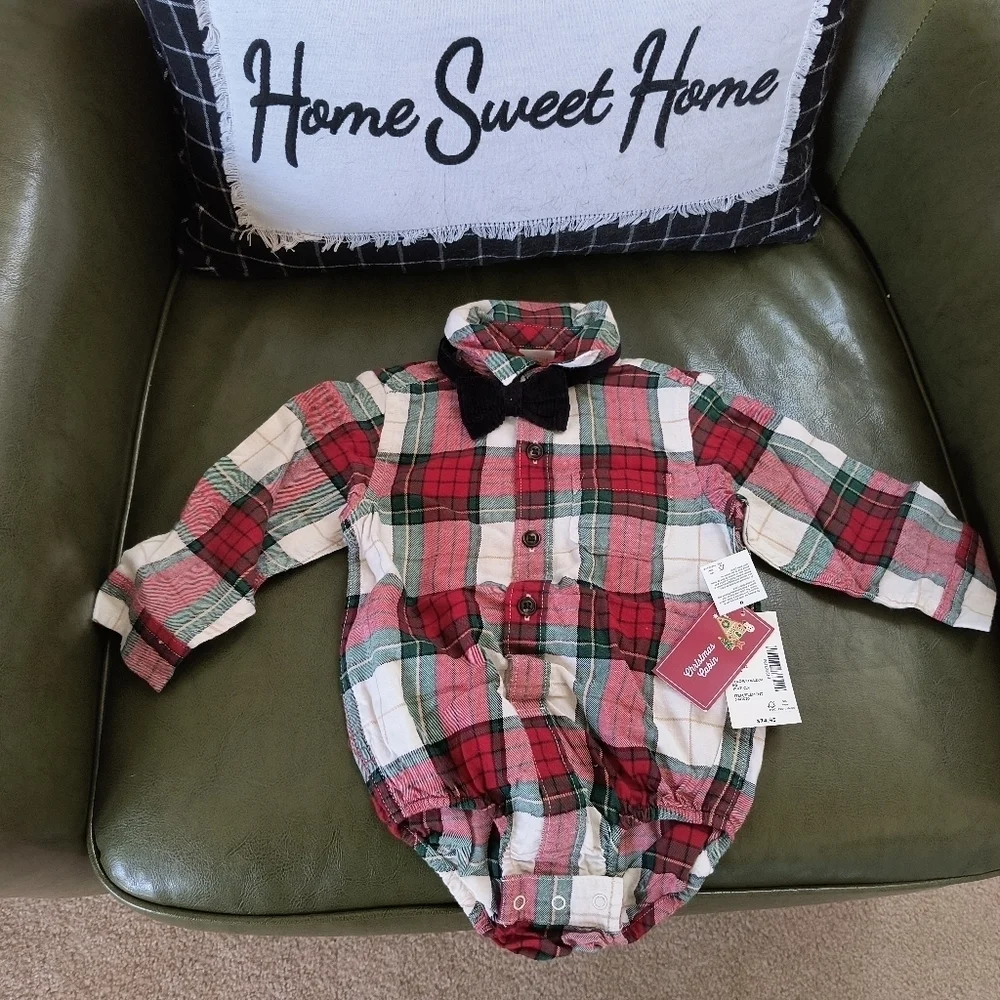 Red white green black plaid dressy collared long sleeve Christmas baby onesie